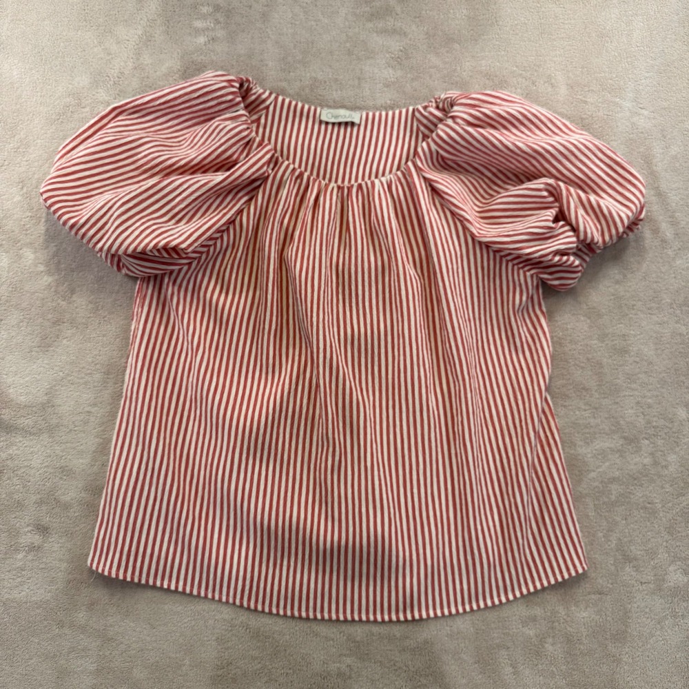 Chenault Red White Striped Puff Sleeve Coastal Cottagecore Hamptons Boho Sz M - Picture 2 of 11